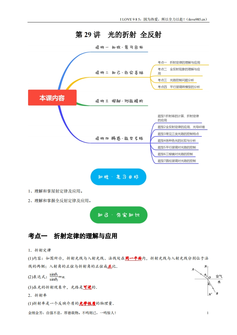 【考点精讲精练】第29讲　光的折射全反射-I LOVE 9 8 5